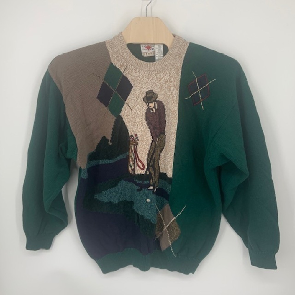 Vintage 90s Men Sweater XXL Golfer Argyle Grandpa Core Country Club Novelty Knit